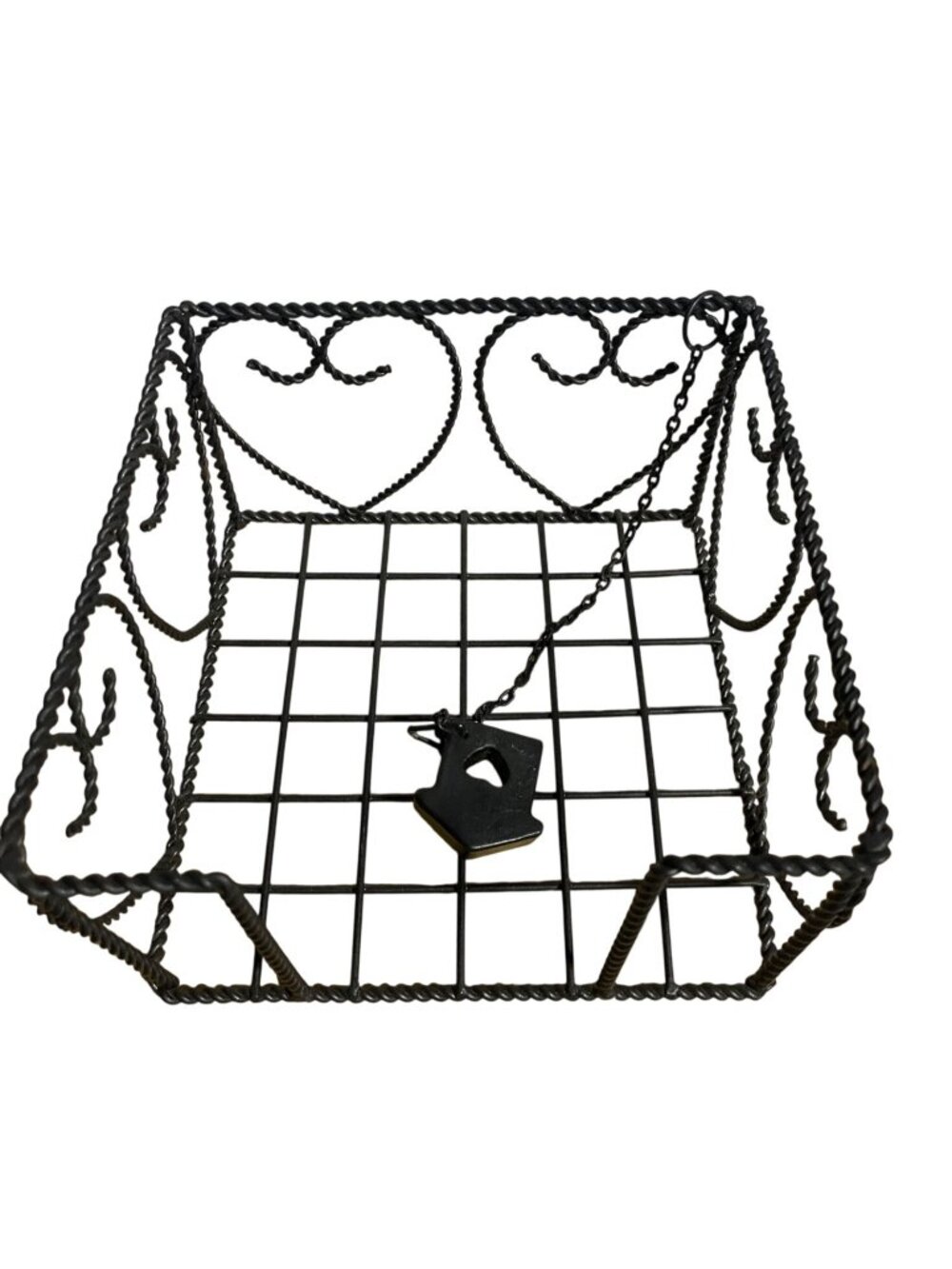 Black Metal Wire Basket With Heart Design & Hanging Birdhouse Accent